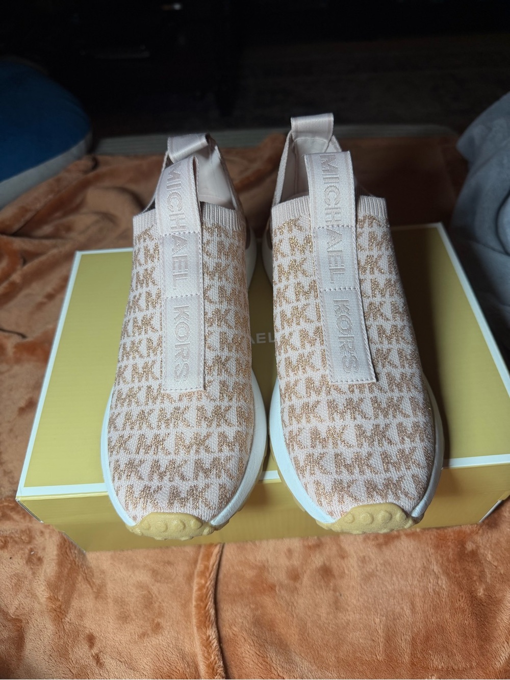 Michael Kors Beige and White Logo Knit Slip-On Sneakers